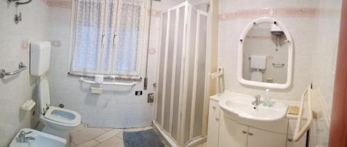 a bathroom with a toilet and a sink and a mirror at Attico Bella Vista in Siniscola
