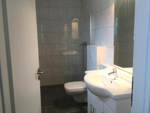 ヴァーネミュンデにあるApartment Warnemünde 19のバスルーム(トイレ、洗面台、鏡付)