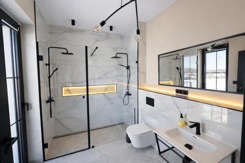a bathroom with a shower and a toilet and a sink at Berek Kúria in Sonkád