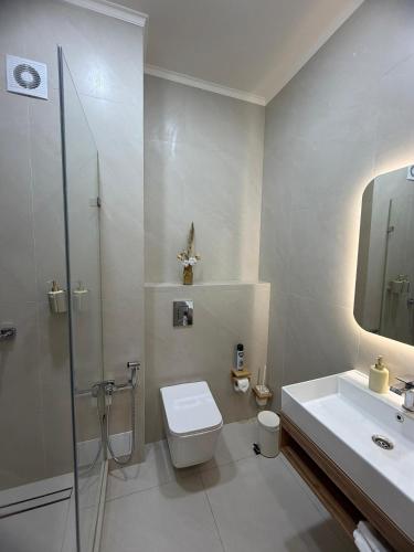 a bathroom with a toilet and a shower and a sink at TES Hotel in Osh