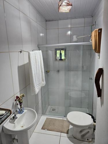 a bathroom with a shower and a toilet and a sink at Viva o Capao - Casas in Palmeiras