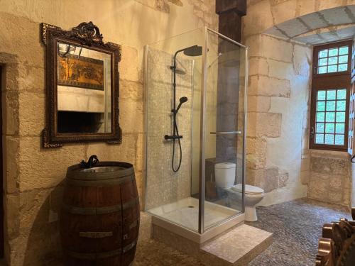 a bathroom with a shower and a toilet and a barrel at Château de Saint Maurice in La Peyrouse