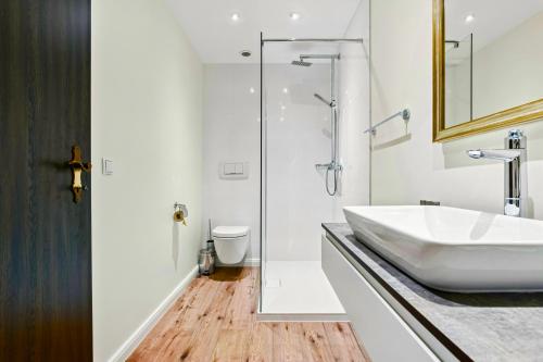 a bathroom with a sink and a shower at Chalet Bodenschatz in Vandans