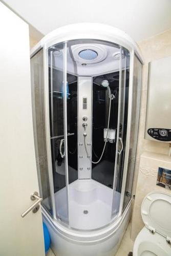a bathroom with a shower and a toilet at Apartman Sinisa in Zlatibor
