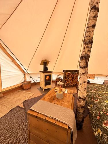 a room with a tent with a tree in it at Lux Glamping, Lammas in Halliste