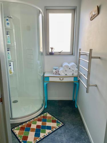 a bathroom with a shower and a sink at The Penguins Nest in Oamaru