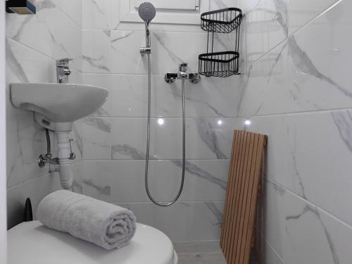 a bathroom with a shower and a toilet and a sink at Little Kristi in Palaiókastron