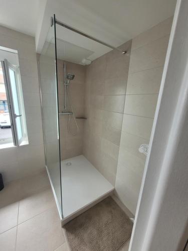 a shower with a glass door in a bathroom at Appartement cosy in Commentry