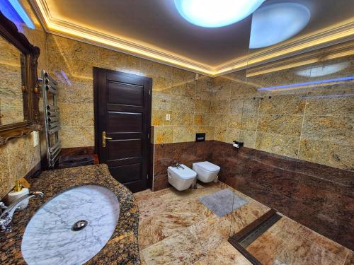a bathroom with a sink and a toilet at Sziget Apartman in Pócsmegyer