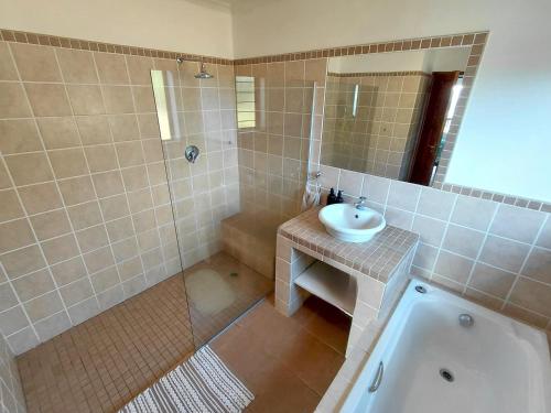 a bathroom with a sink and a shower and a tub at Sickle Bush Da Gama Lake in White River