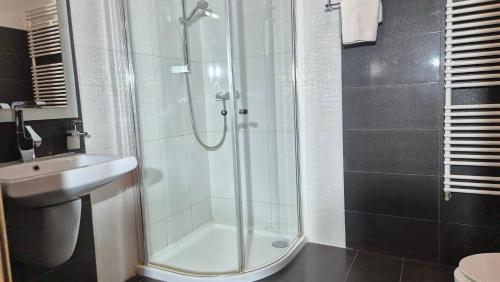a bathroom with a shower and a sink at Hotel Europa in Lubin