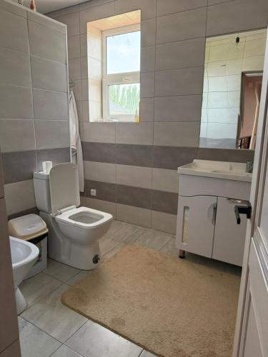 a bathroom with a toilet and a sink and a mirror at SunLake House in Balykchy