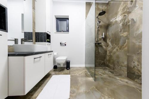a bathroom with a shower and a toilet and a sink at Apart Hotel Nordic Residence 16H in Suceava