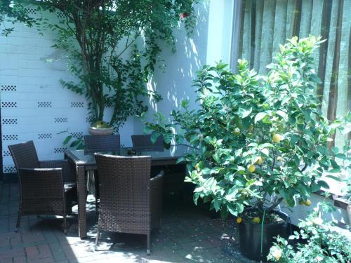 a patio with a table and trees and chairs at Landgasthaus Bonn in Baunatal