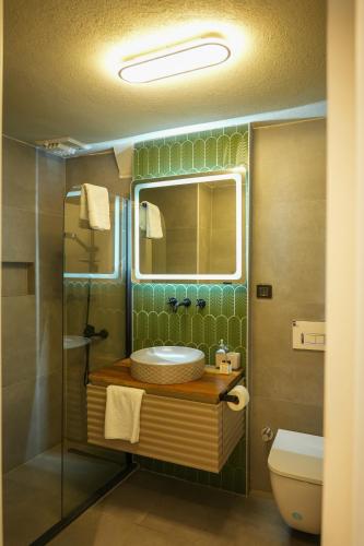 un bagno con lavandino e WC di Alp Suites Lavanta ad Akyaka