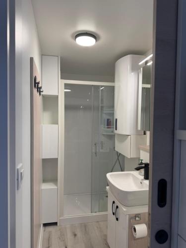 a bathroom with a shower and a sink at JungleHouse - Floating House in Portorož