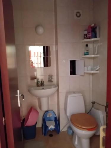 a small bathroom with a toilet and a sink at Студио Ахелой in Aheloy