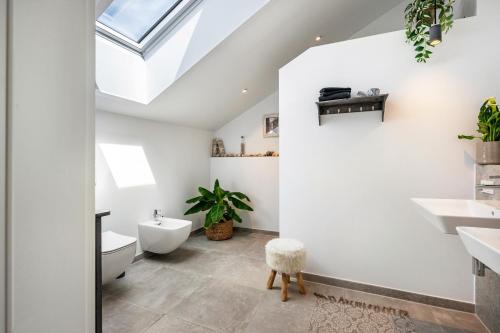 a bathroom with white walls and a skylight at Chalet Bergblick in Rimsting