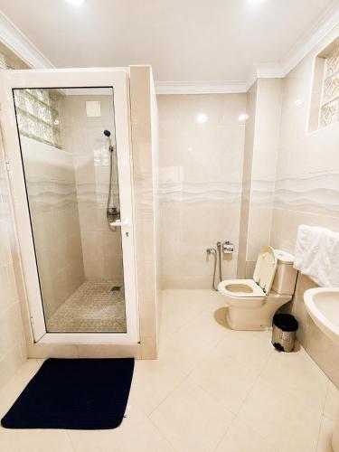 a bathroom with a shower and a toilet and a sink at Hôtel Shalimar in Antananarivo