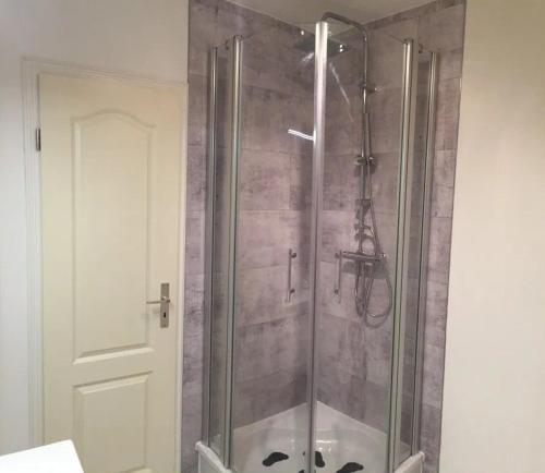 a shower with a glass door in a bathroom at Ferienwohnung Strandgut im Ostseebad Baabe in Baabe