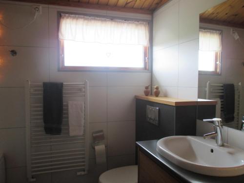 a bathroom with a sink and a toilet and a window at Grímsstaðir Guesthouse in Grímsstaðir á Fjöllum