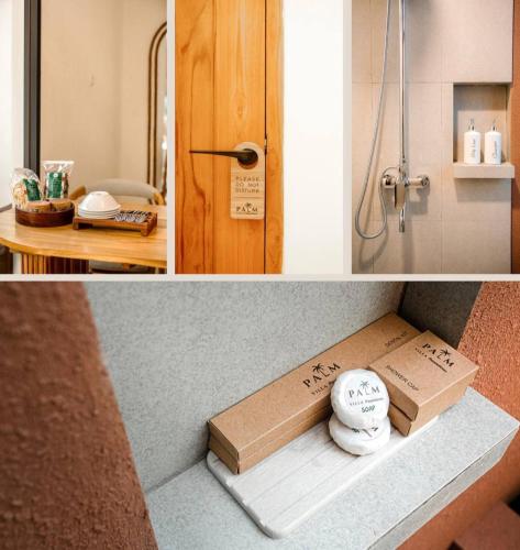 a bathroom with a shower and a box on a counter at Palm Villa Prawirotaman in Timuran
