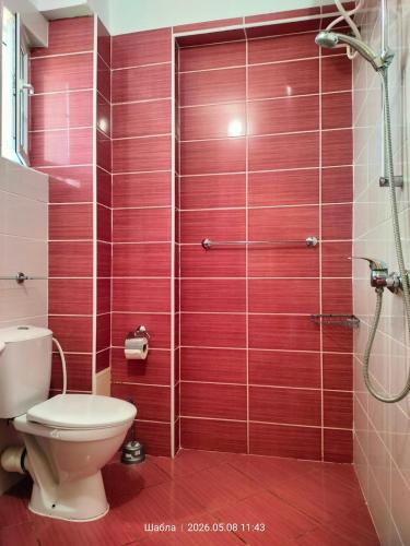 a red bathroom with a toilet and a shower at Guesthouse MIRAJ - SHABLA in Shabla