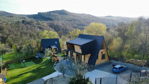 eine Luftaufnahme eines Hauses in den Bergen in der Unterkunft Fox Cabins in Trăisteni