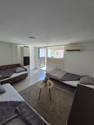 a room with two beds and a table in it at Vikendica Bagremov hlad Apatin in Apatin