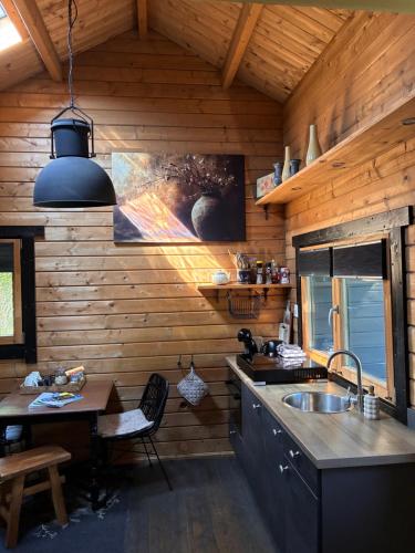 a kitchen with a sink in a wooden cabin at Landelijk gelegen houten huisje in Opperdoes