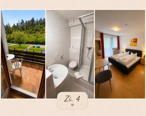 a collage of four pictures of a bathroom at Schatzn Hof Landgasthaus in Pottenstein