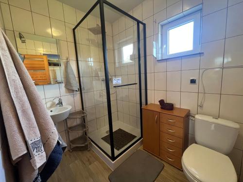 a bathroom with a shower and a toilet and a sink at Domek Twórczy Kąt in Święta Katarzyna