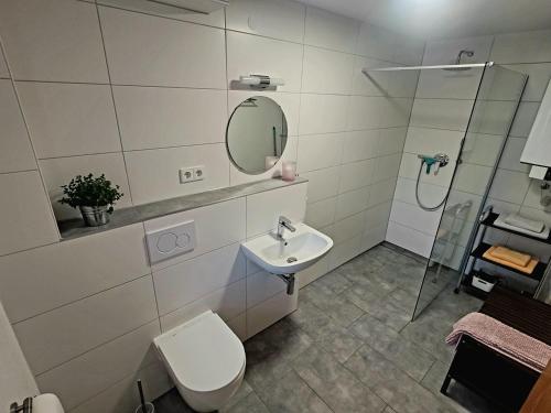 a bathroom with a toilet and a sink and a mirror at Ferienwohnung Ipser in Vogtsburg