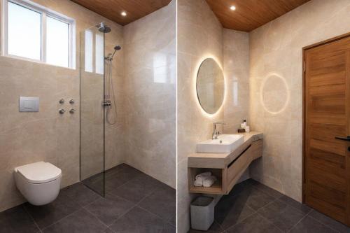 a bathroom with a toilet sink and a shower at HOTEL AMBASSADOR SUKHNA LaKE in Chandīgarh