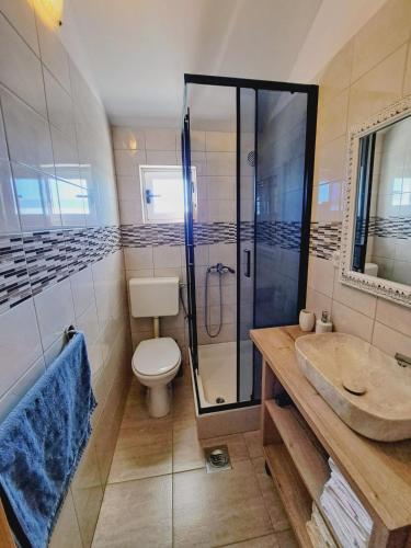 a bathroom with a toilet and a shower and a sink at Isolated paradise Adio Mare Milna Brač in Milna