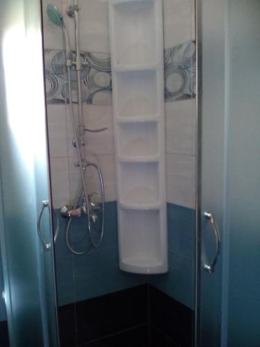 a bathroom with a shower with a glass door at Terra Naxos in Galini