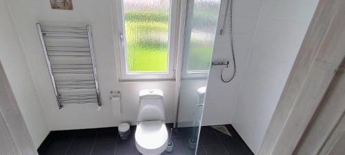 a white bathroom with a toilet and a window at M1 Stay in Bevtoft