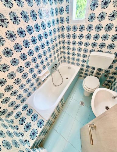 a bathroom with a toilet and a bath tub at Cleopatra's House Apartments in Archangelos