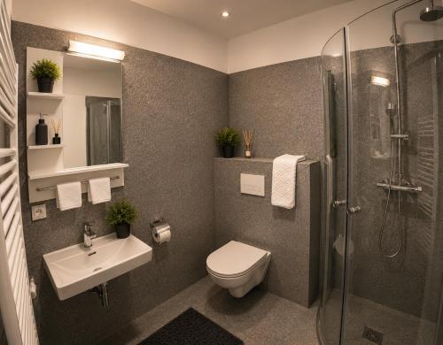 a bathroom with a shower and a toilet and a sink at Tjarna Hotel in Keflavík