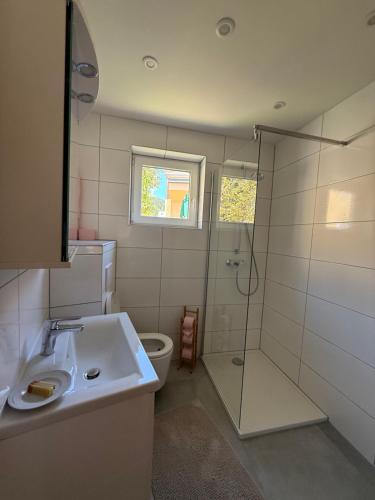 a bathroom with a shower and a sink and a toilet at Ferienwohnung Max in Mürzzuschlag