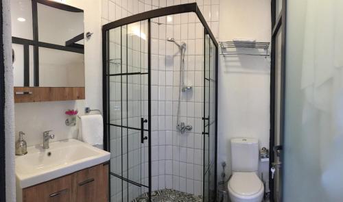 a bathroom with a shower and a toilet and a sink at 7 Oda Söğüt in Marmaris