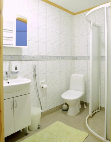 a white bathroom with a toilet and a sink at Yli-Kaitala Holiday Resort Tuuliviiri in Savio
