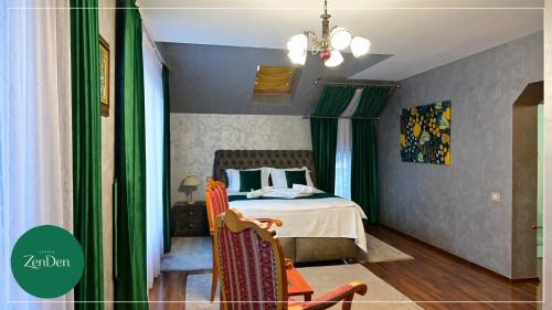 a bedroom with a bed with green curtains at Sinaia ZenDen - Private Villa & SPA in Sinaia