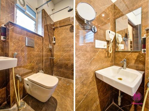 two pictures of a bathroom with a toilet and a sink at Millennials Hotel in Kammasandra