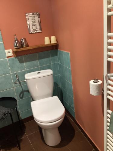 a bathroom with a white toilet and green tiles at Maisonnette Nantes in Nantes