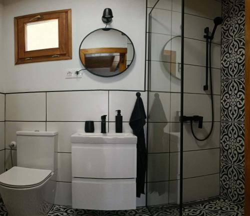 a bathroom with a toilet and a mirror at Kajüt Apartman in Balatonfenyves