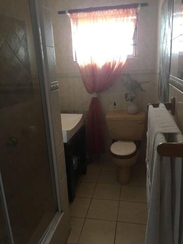 a bathroom with a toilet and a sink and a window at Junior Suite with Pool View - in Port Elizabeth