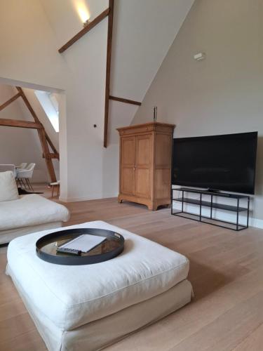 a living room with a large flat screen tv at Un Toit sur les Monts in Tilff