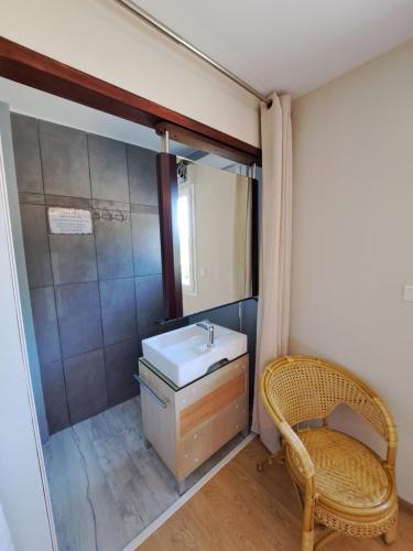 a bathroom with a sink and a mirror at Chambre d'Hôtes Valérie in Penvénan