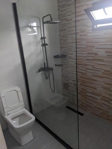 a bathroom with a shower and a toilet at Ambourvi in Mahajanga